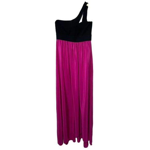 Michelle Mason One Shoulder Colorblock Silk Dress in Hot Fuchsia Pink and Black - Picture 2 of 13